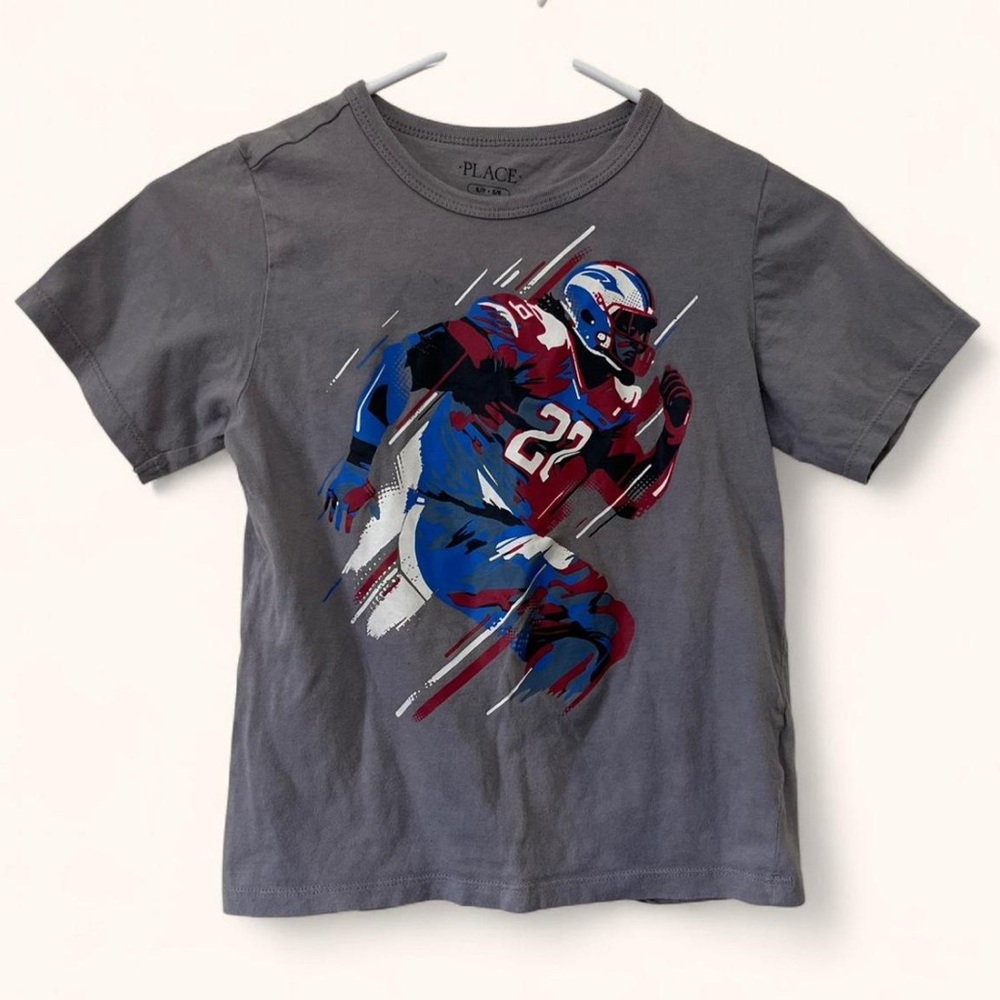 Boys Small Size 5/6 PLACE Short Sleeve Football Player Gray Graphic Tee
